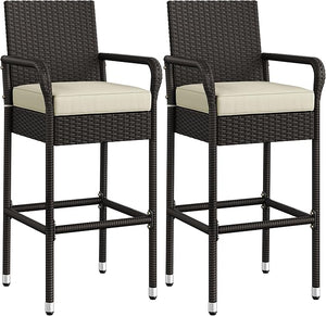 Outdoor Wicker Bar Stools with Armrests, Footrests & Cushions (Brown/Beige)
