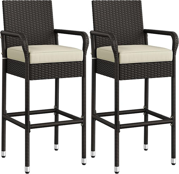 Outdoor Wicker Bar Stools with Armrests, Footrests & Cushions (Brown/Beige)