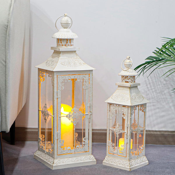 Vintage Metal Candle Lanterns Set of 2 – Indoor Outdoor Hanging Lanterns with Tempered Glass