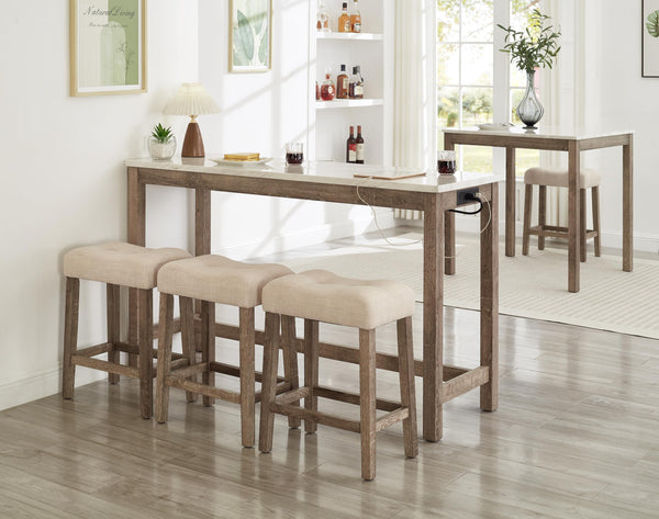 59" Bar Table Set with Power Outlet & 3 Padded Stools