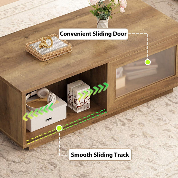 Rustic Wood Coffee Table with Sliding Door Storage