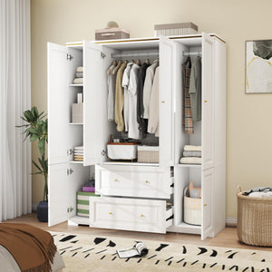 White Wardrobe Armoire with 4 Doors, Hanging Rod & 2 Drawers