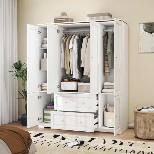 White Wardrobe Armoire with 4 Doors, Hanging Rod & 2 Drawers