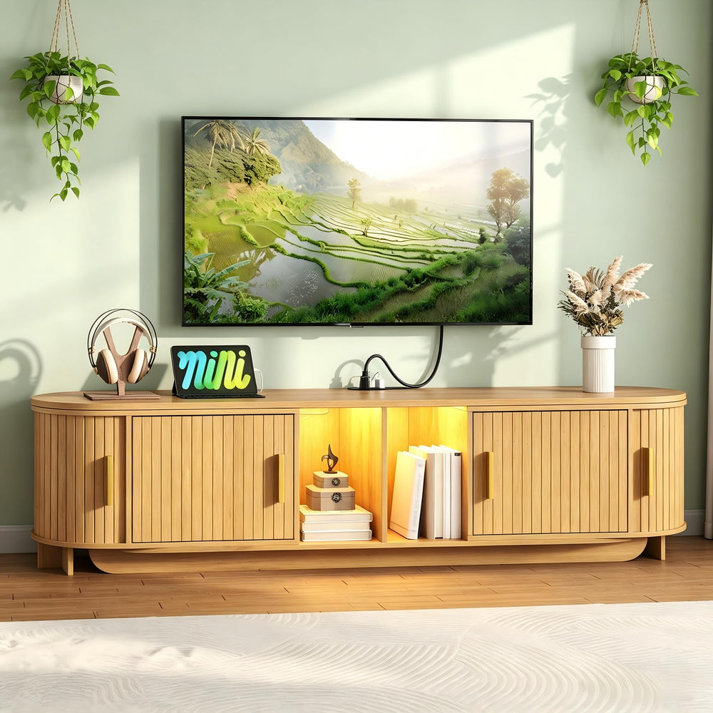 Extendable Fluted TV Stand with LED Lights & Power Outlet