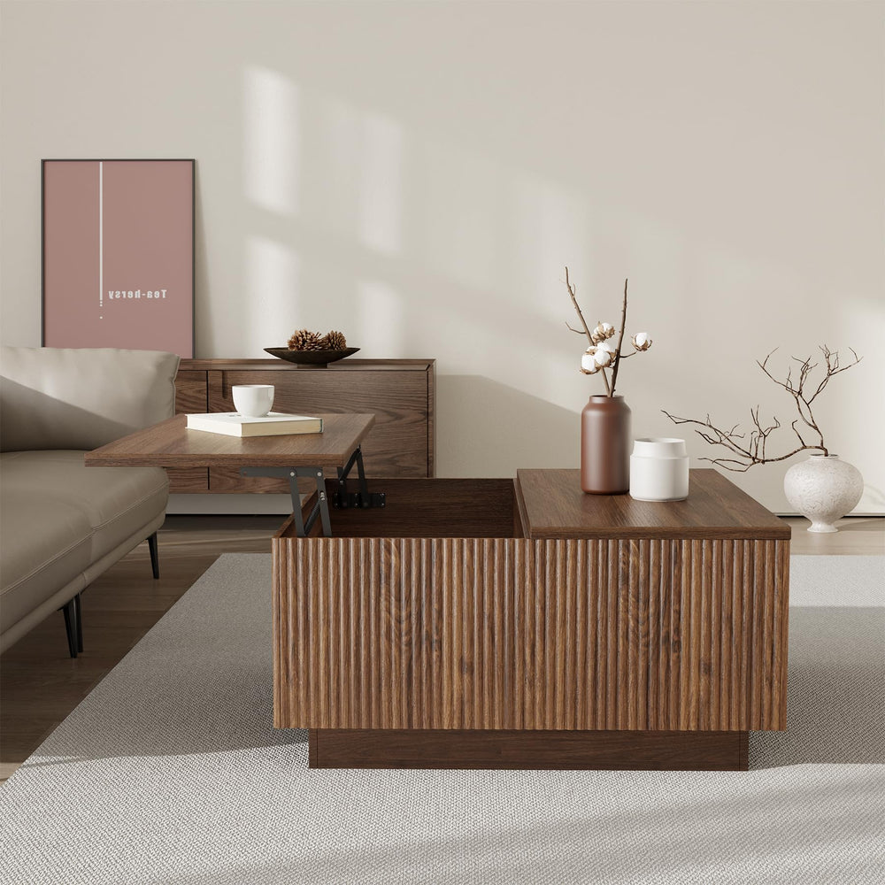 Square Lift-Top Coffee Table with Fluted Design & Hidden Storage
