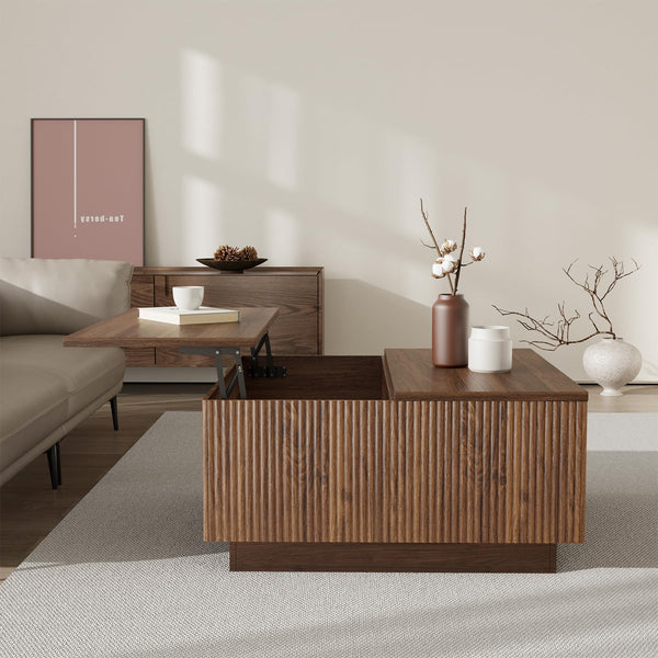 Square Lift-Top Coffee Table with Fluted Design & Hidden Storage