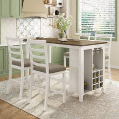 5-Piece Counter Height Dining Table Set – Solid Wood, Upholstered Chairs & Built-In Wine Storage