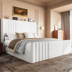 Queen Velvet Platform Bed with Wingback Headboard & Reading Lights