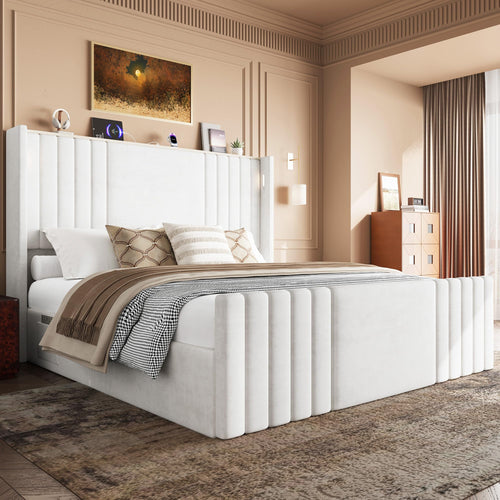 Queen Velvet Platform Bed with Wingback Headboard & Reading Lights