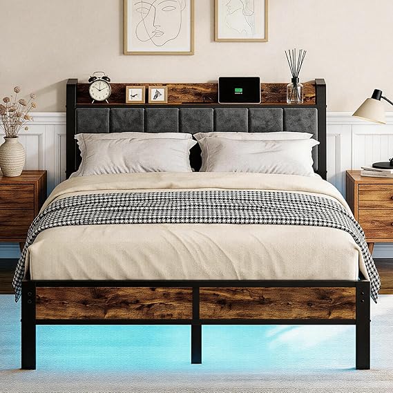 LED Platform Bed Frame with Storage Headboard & Charging Station