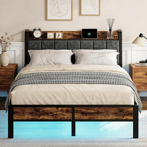 King Bed Frame with LED Lights, USB Charging & Storage Headboard