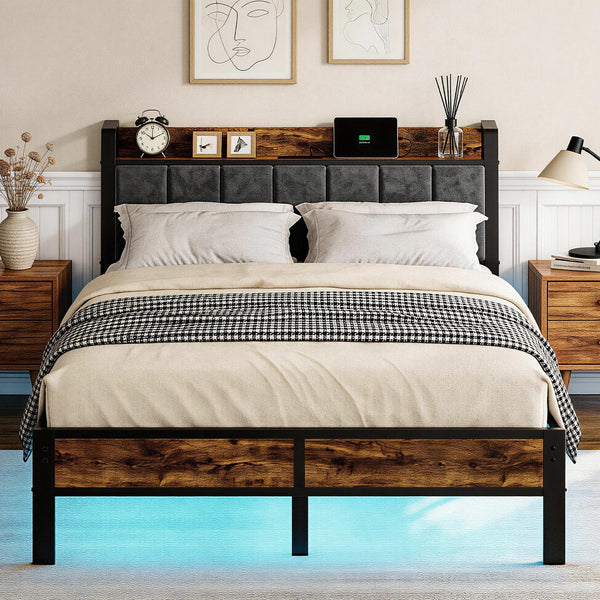 LED Platform Bed Frame with Charging Station & RGB Lighting