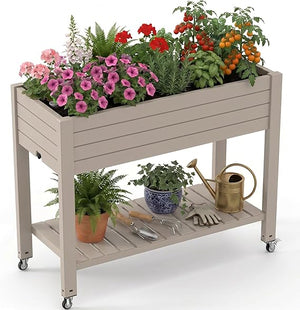 Raised Garden Bed with Wheels, Storage Shelf & Water Level Monitor