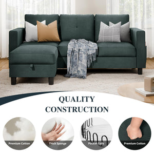 L-Shaped Sectional Sofa with Storage Ottoman | 3-Seat Linen Couch