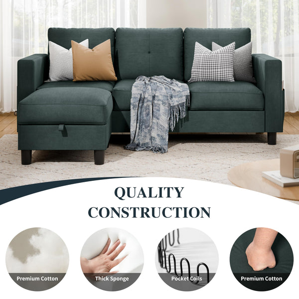 L-Shaped Sectional Sofa with Storage Ottoman | 3-Seat Linen Couch
