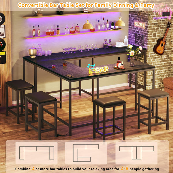 L-Shaped Bar Table and Chairs Set with Power Outlets