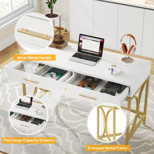 41-Inch Computer Desk with 2 Drawers – White & Gold