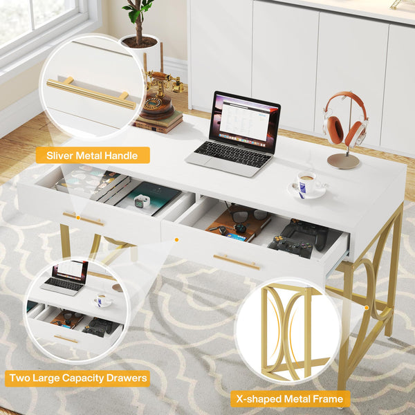 41-Inch Computer Desk with 2 Drawers – White & Gold
