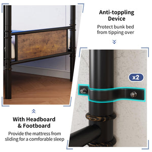 Twin Over Twin Metal Bunk Bed with LED Lights, Storage Drawers & USB Charging