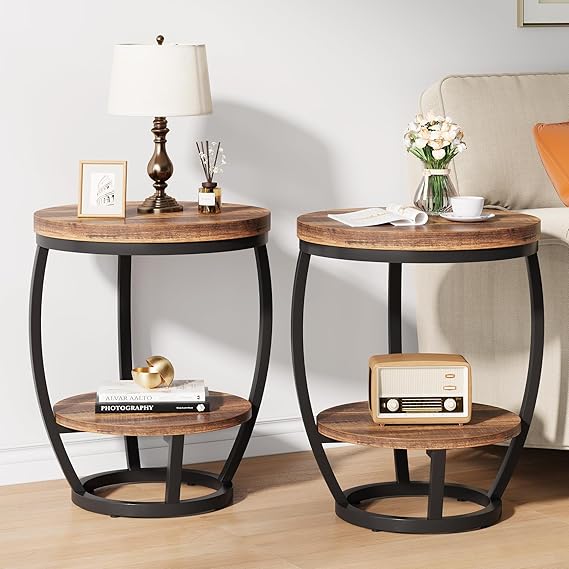 2-Tier Round Industrial End Table with Metal Frame