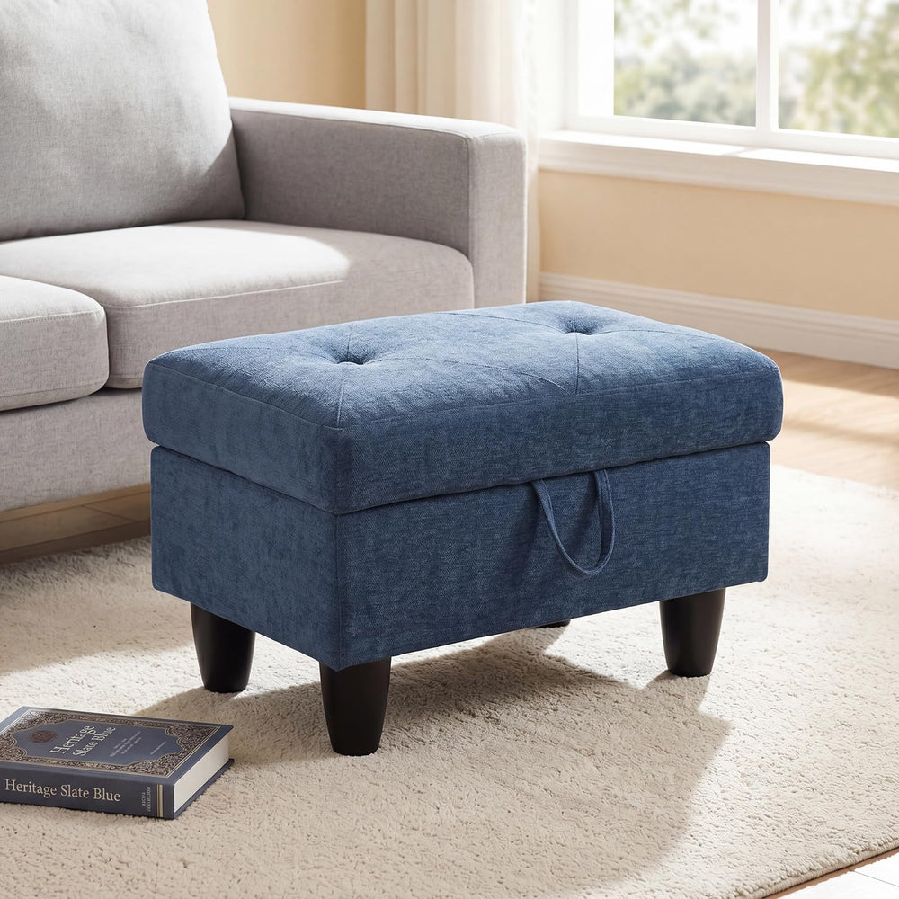 Storage Ottoman Bench – Dark Blue Linen, Solid Wood Frame