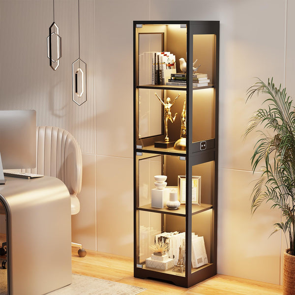 Glass Display Cabinet 4-Tier with LED Lights & Motion Sensor