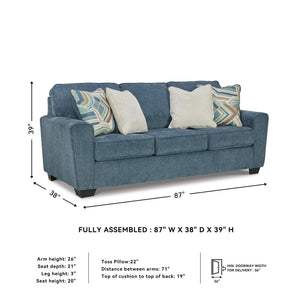 Blue Crosshatch Casual Sofa with Accent Pillows