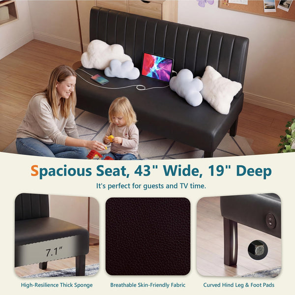 Black Leather Armless Loveseat with USB Port