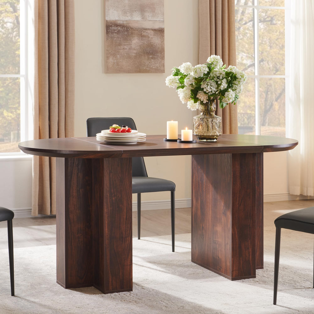 63" Oval Dining Table for 4-6 | Wood-Grain Top, T-Base, Dark Walnut
