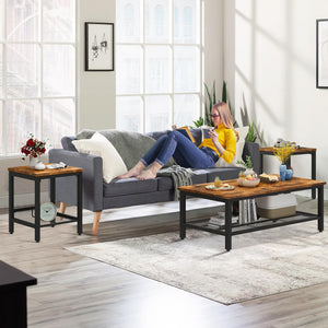 3-Piece Coffee Table and End Table Set – Rustic Brown Wood & Metal