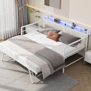 Twin Daybed with Pop-Up Trundle, RGB LED & Storage Headboard