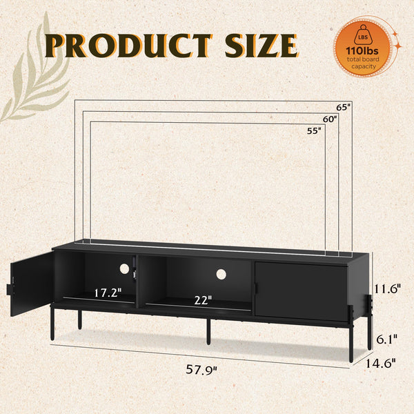 Mid-Century Modern TV Stand with Storage Cabinets & Metal Legs