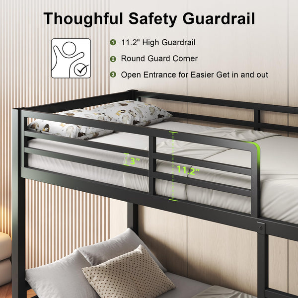 Twin Over Twin Metal Bunk Bed with Ladder and High Guardrail