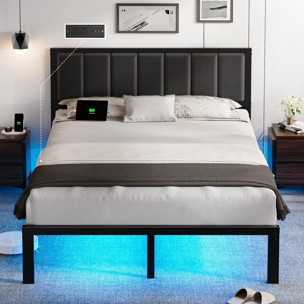 Queen Bed Frame with Headboard, LED Lights & USB Charging – Metal Platform