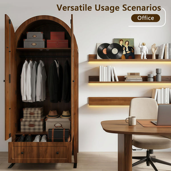Armoire Wardrobe Closet with Drawer & Arched Doors — Walnut