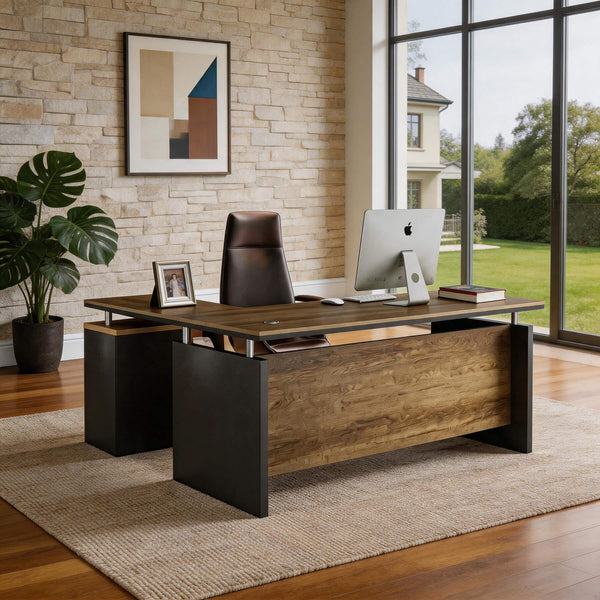 L-Shaped Executive Desk with Drawers & Power Outlet, 63"
