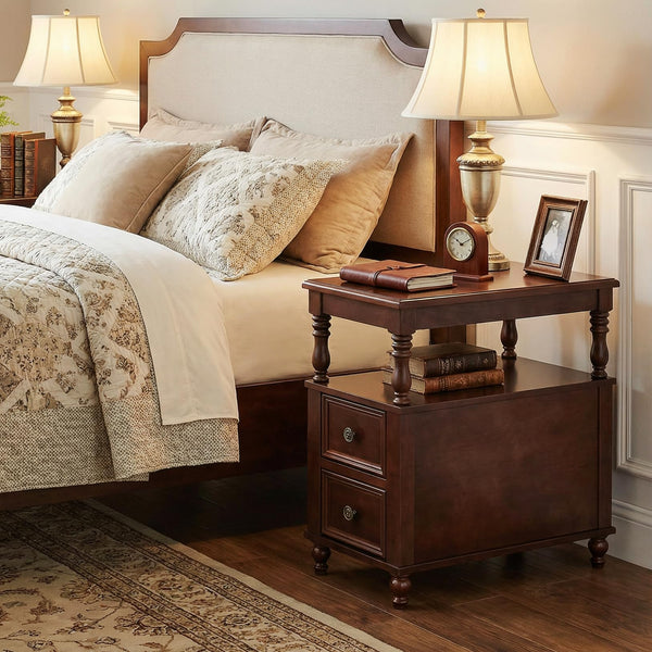 Wood End Table with 2 Drawers and Storage Shelf
