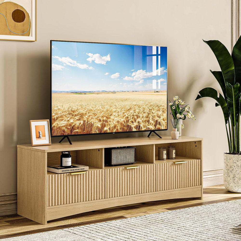 59" Fluted TV Stand with Storage Drawers – Natural Oak