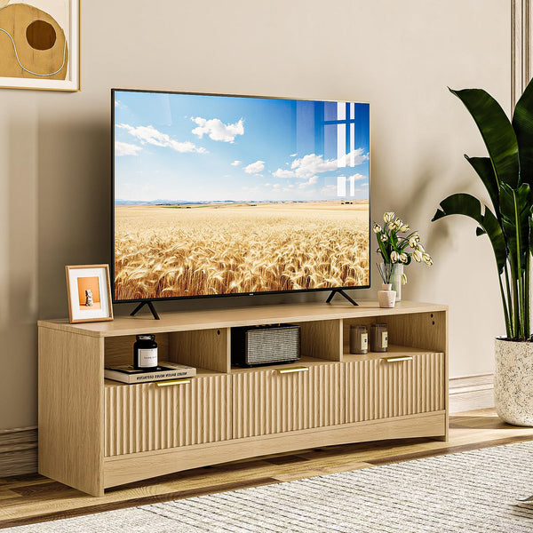 59" Fluted TV Stand with Storage Drawers – Natural Oak