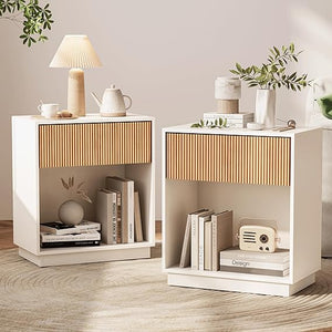 Modern Fluted Nightstand Set of 2 with Drawer and Open Shelf