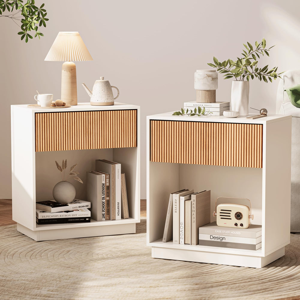 Modern Fluted Nightstand Set of 2 with Drawer and Open Shelf