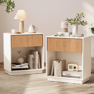 Modern Fluted Nightstand Set of 2 with Drawer and Open Shelf