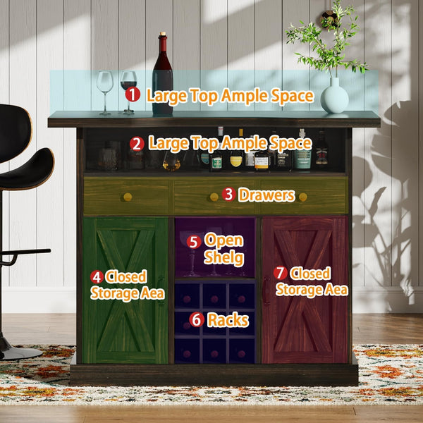 52-Inch Farmhouse Bar Cabinet with Wine Rack & Storage