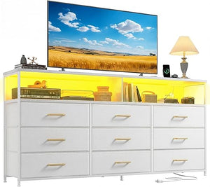 Long Dresser with 9 Drawers, LED TV Stand & Power Outlets