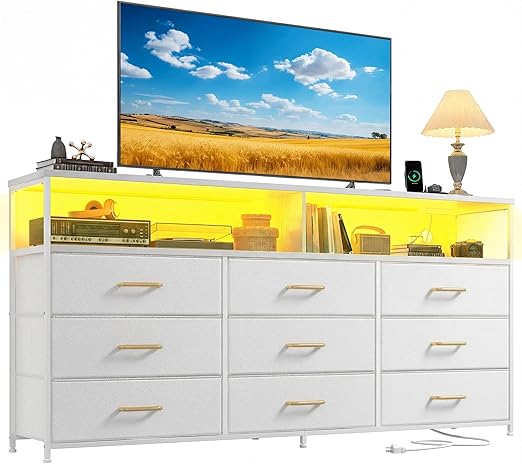 Long Dresser with 9 Drawers, LED TV Stand & Power Outlets