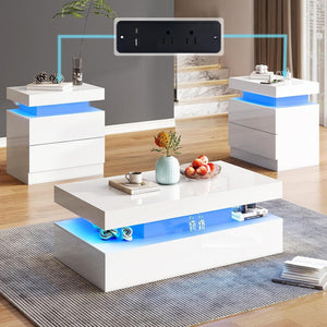 3-Piece LED Coffee Table Set with End Tables & Charging Station