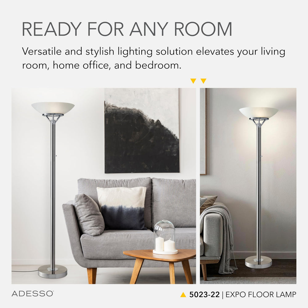 Industrial Floor Lamp – Brushed Steel & Fabric Shade