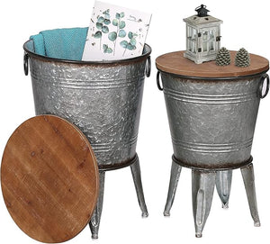 Farmhouse Metal Bucket Side Tables, Set of 2