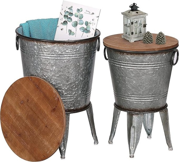 Farmhouse Metal Bucket Side Tables, Set of 2