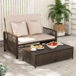 Patio Rattan Daybed Loveseat Set with Storage Ottoman & Cushions